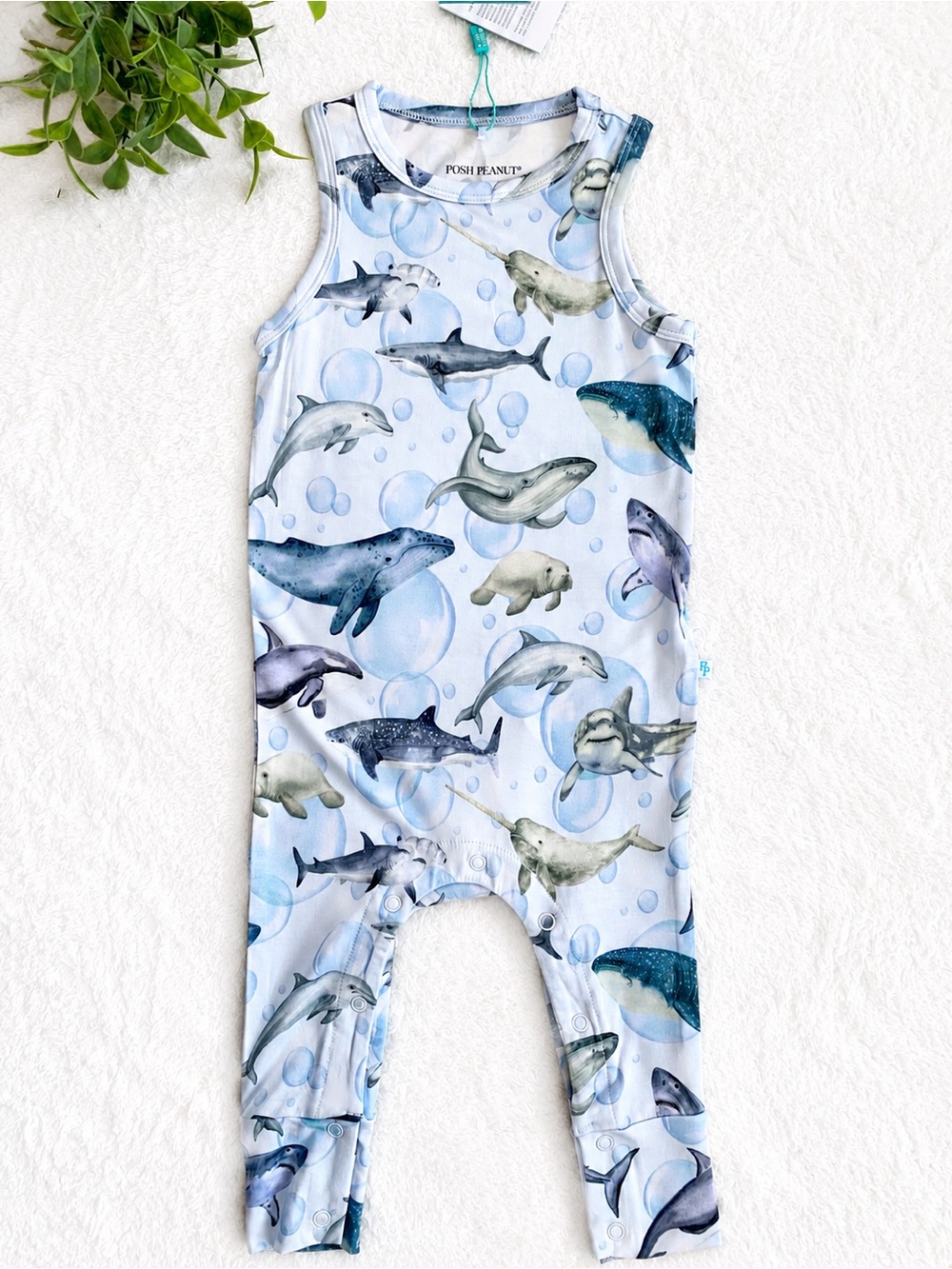 NWT Posh Peanut Sharkly Racerback Romper 12-18M Sharks